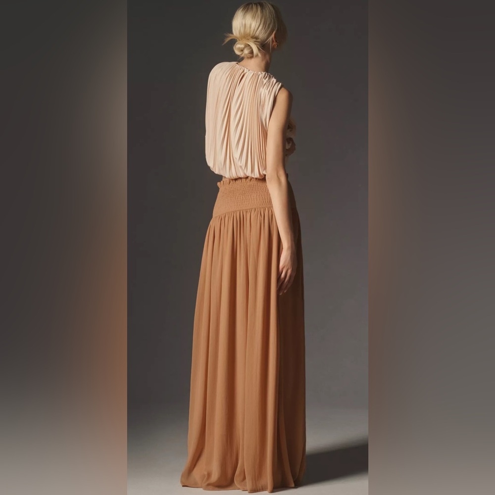Anthropologie Two-Tone Pleated Maxi Skirt Dress in Beige and Camel - Picture 3 of 12